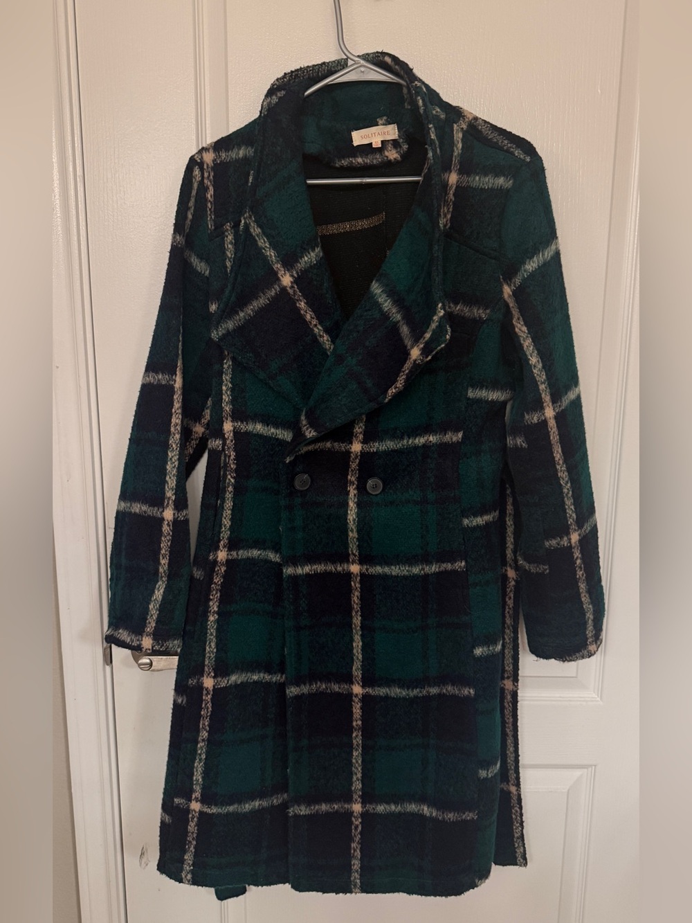 Solitaire Green and Black Plaid Double-Breasted Trench Coat
